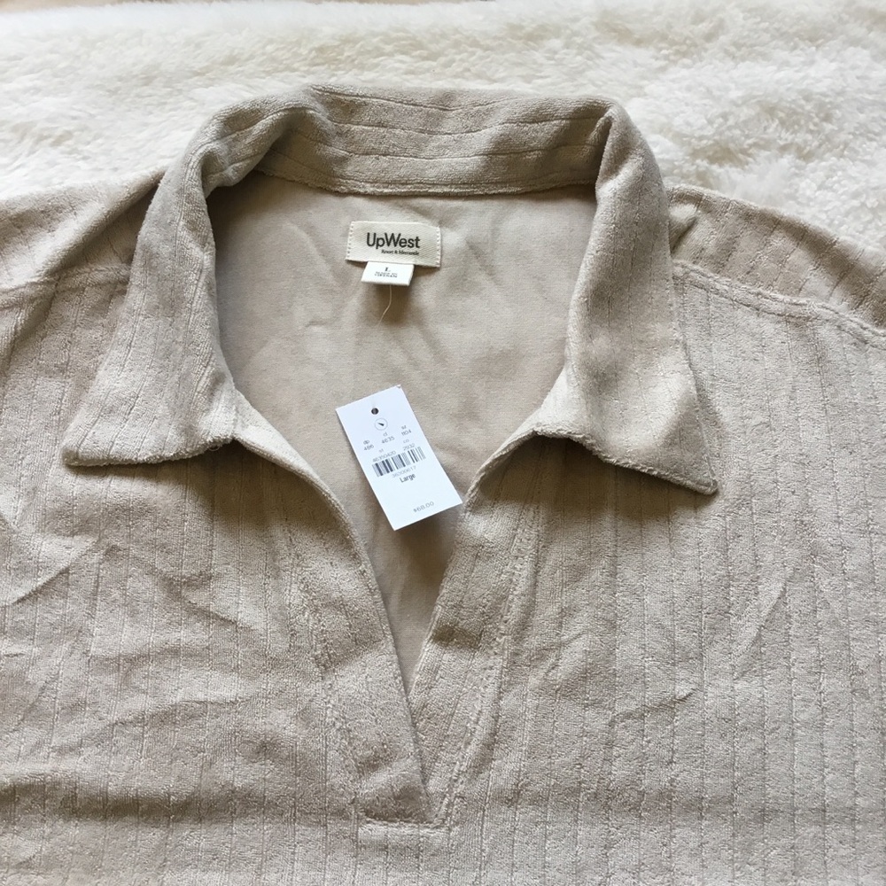 UpWest Beige Collared Half Button-Down Short-Sleeve Top - Picture 15 of 15